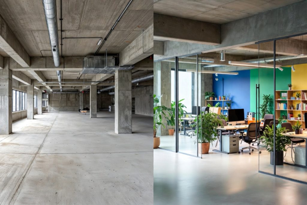 Commercial fitout before and after comparison of an office space